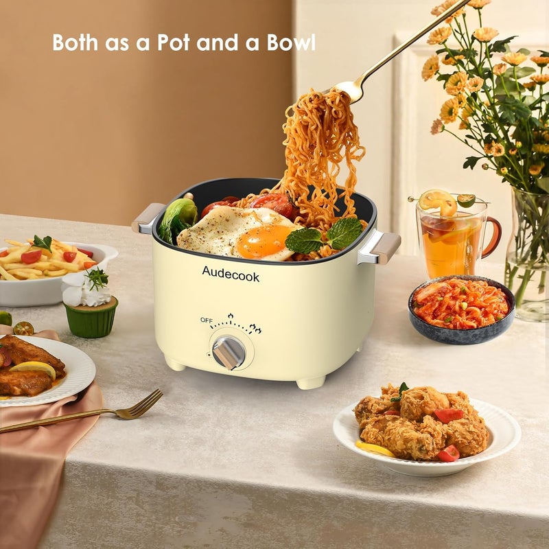 Audecook Hot Pot Electric, 2.5L Portable Nonstick Multicooker for 1-3 Persons, Honeycomb Texture Travel Electric Skillet with Dual Power Temperature Control for Steak/Egg/Noodles/Oatmeal (Beige) - Image 4